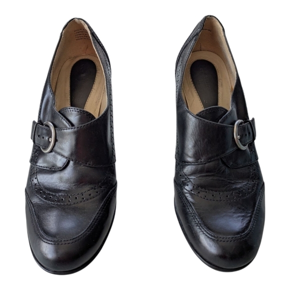 Naturalizer Black Leather Heeled Loafers Shoes Buckles Decorative Stitching 7W - Picture 3 of 12